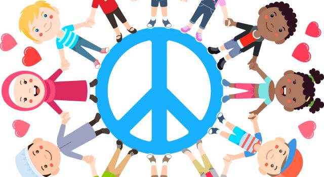 Kids Love Peace Concept Groups Of Children Join Hands All Around The Peace Symbol Illustration Vector