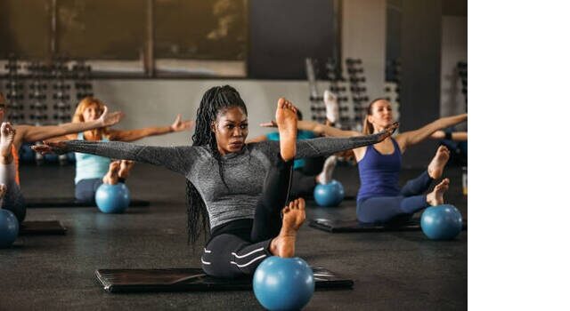 Group Of Women Working Balance Exercise In The Gym.