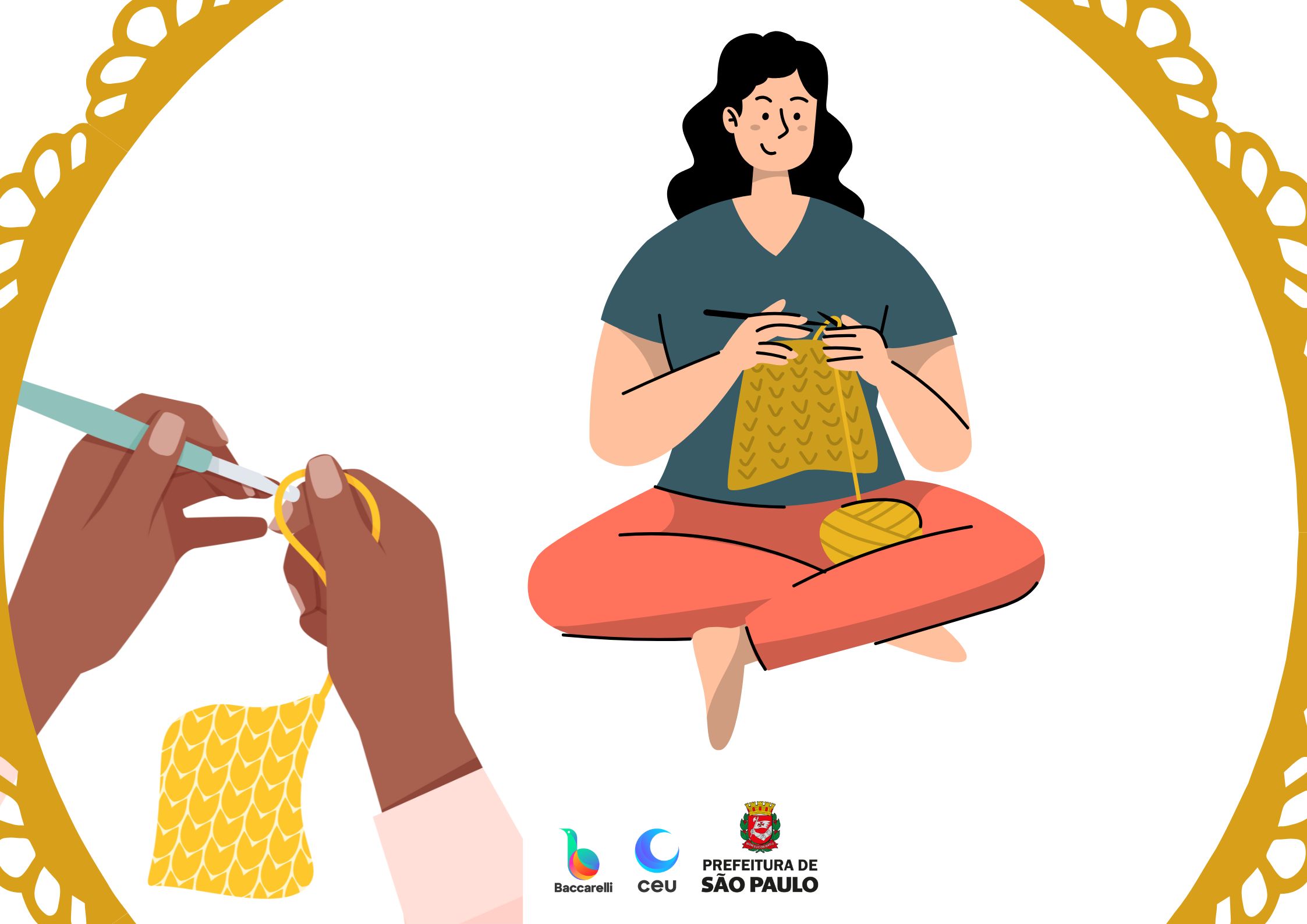 Duas mulheres fazendo crochê