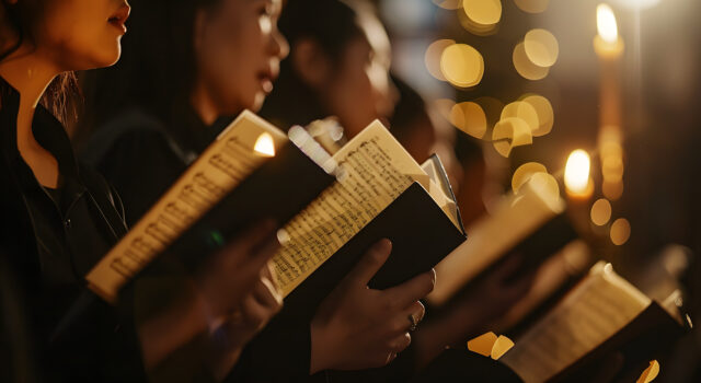 A Group Of Believers Singing Hymns During A Church Service,