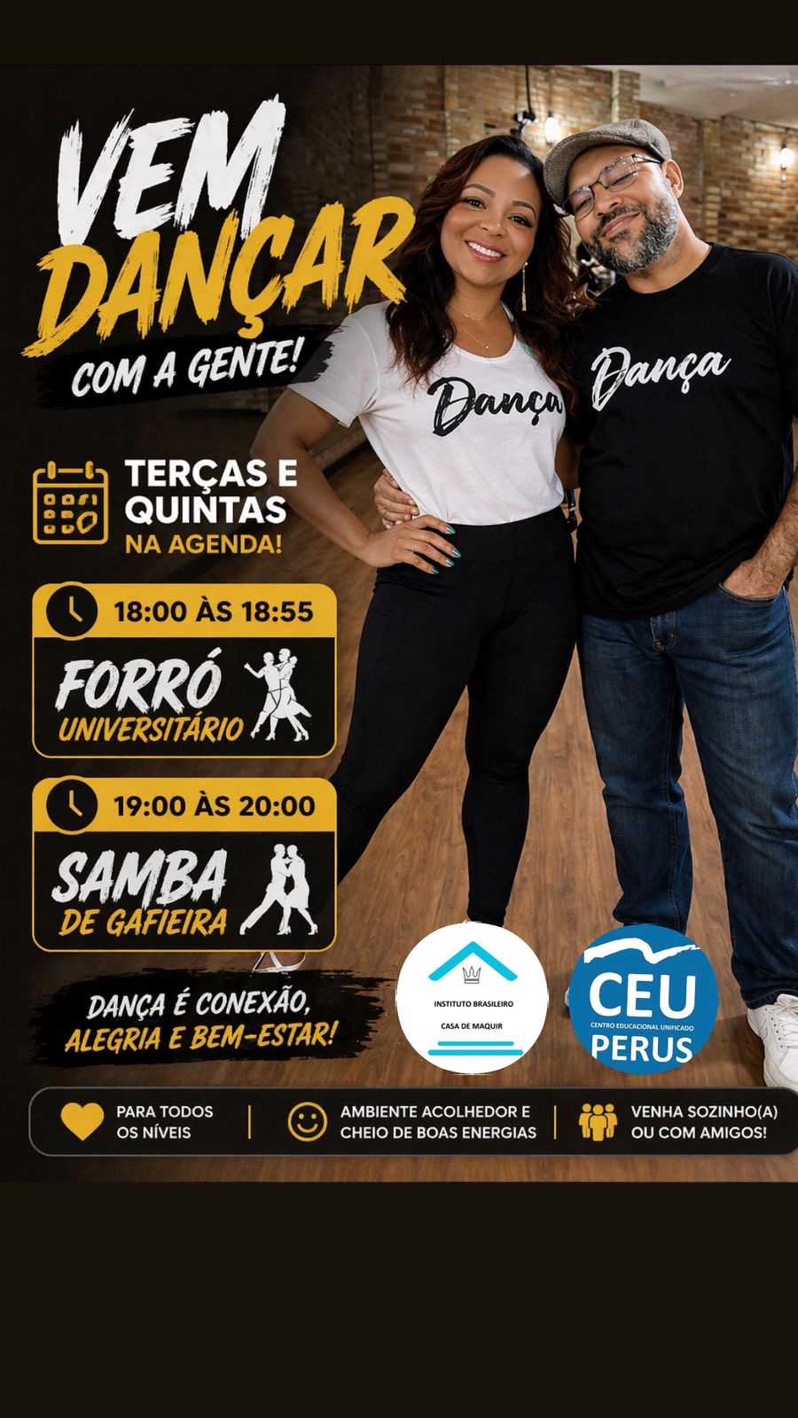 Venha se movimentar, se divertir e liberar a energia em uma aula cheia de música, dança e boas vibrações! Não precisa ter experiência — basta vontade de dançar.”